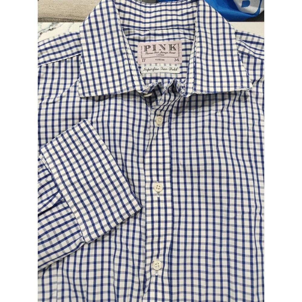 THOMAS PINK "SuperFine Two Fold" Shirt Sz 17 Blue White Checker French Cuff